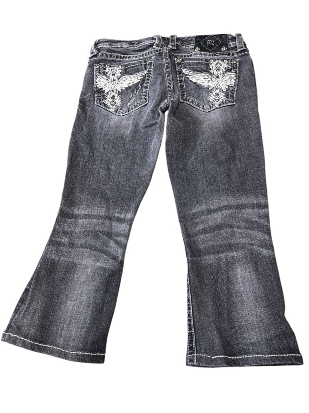 Miss Me gray distressed cropped capri jeans back embroidered cross pockets